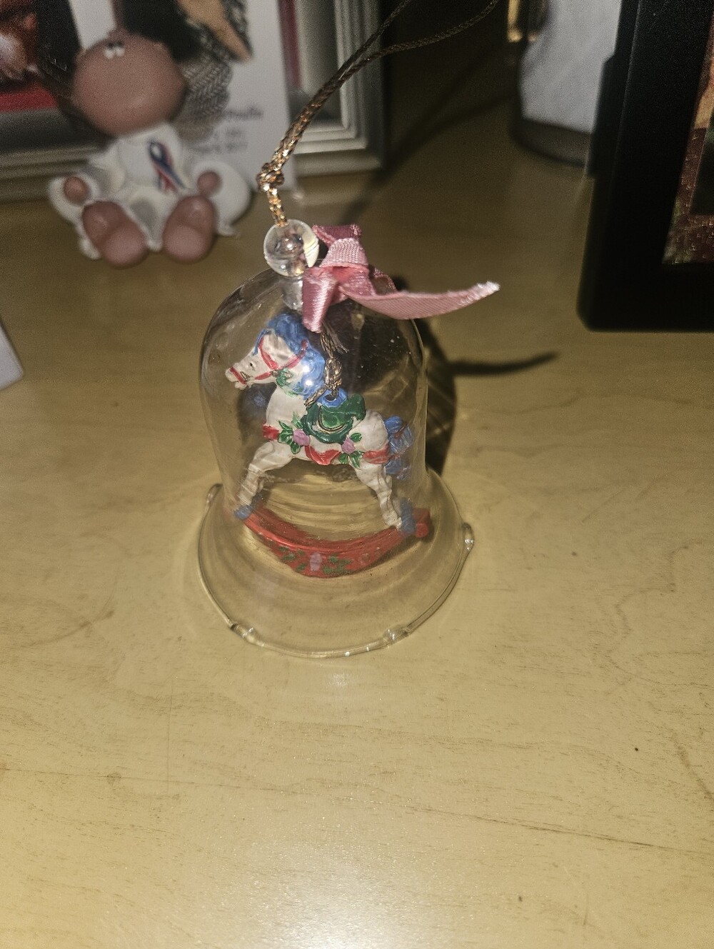 Vintage Shabby Chic Pink Carousel Horse In Glass Bell Xmas ornament Pink Bow